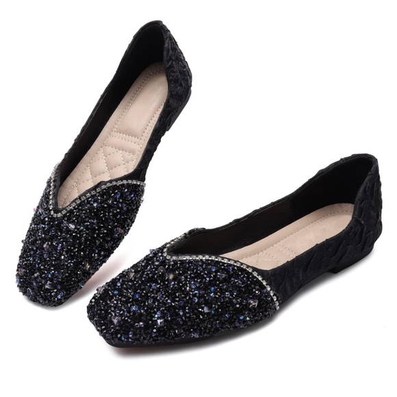 Women's Rhinestone  Square Ballet Flats Low Heel Women Wedding 7.5 Black - Picture 3 of 10